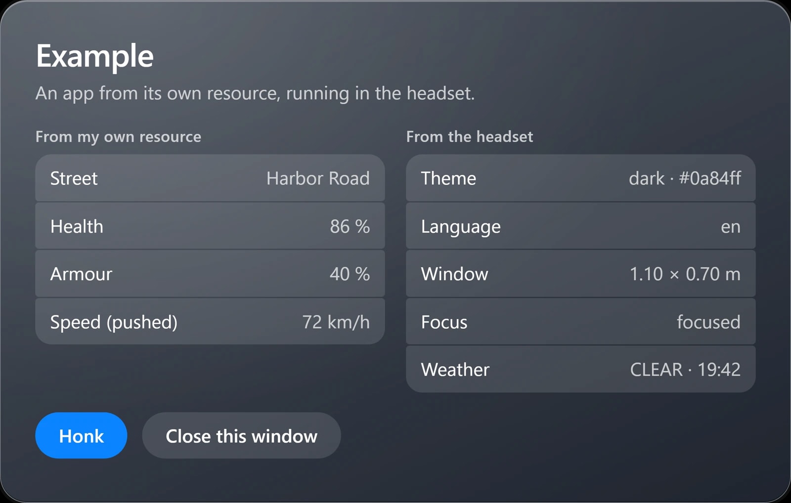 RoadVR’s example app in its window, showing data from its own resource and from the headset