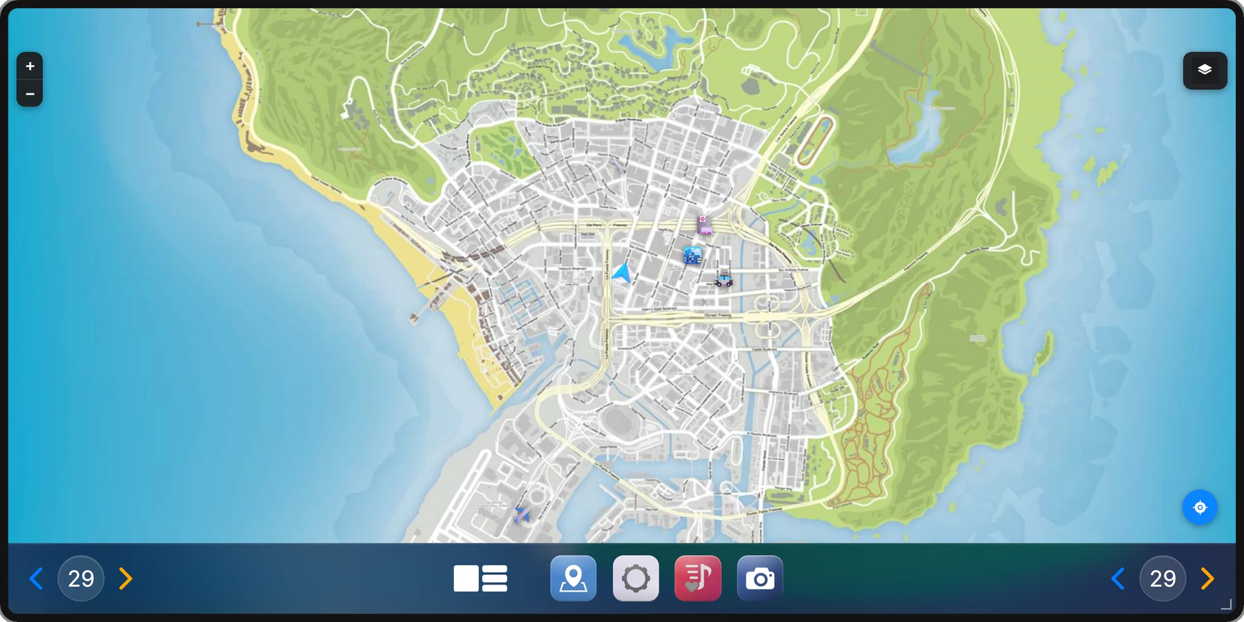 The GPS app: the map of Los Santos as real tiles, with the car on it