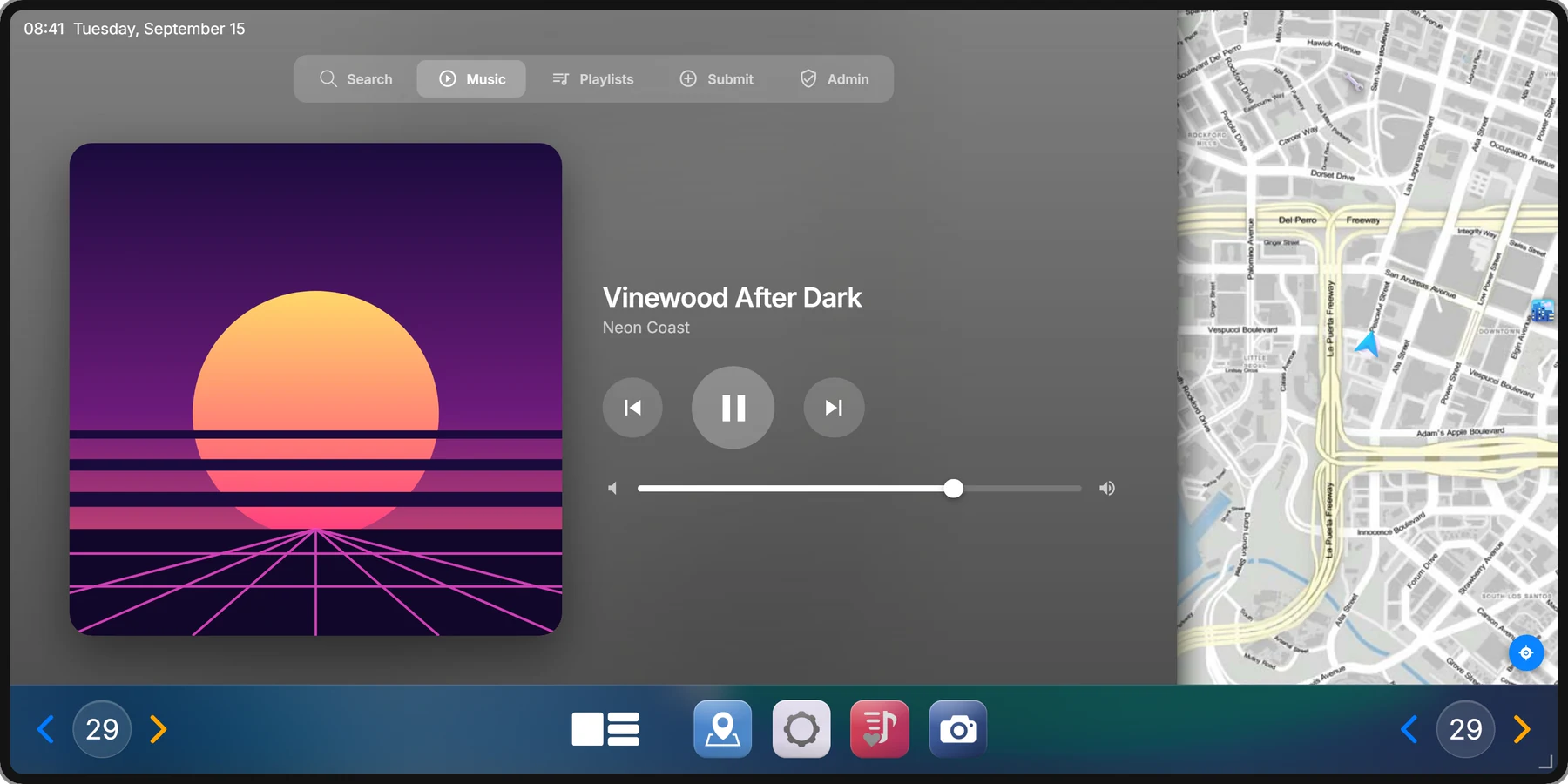 The Music app playing a track, with search, playlists, submit and admin tabs