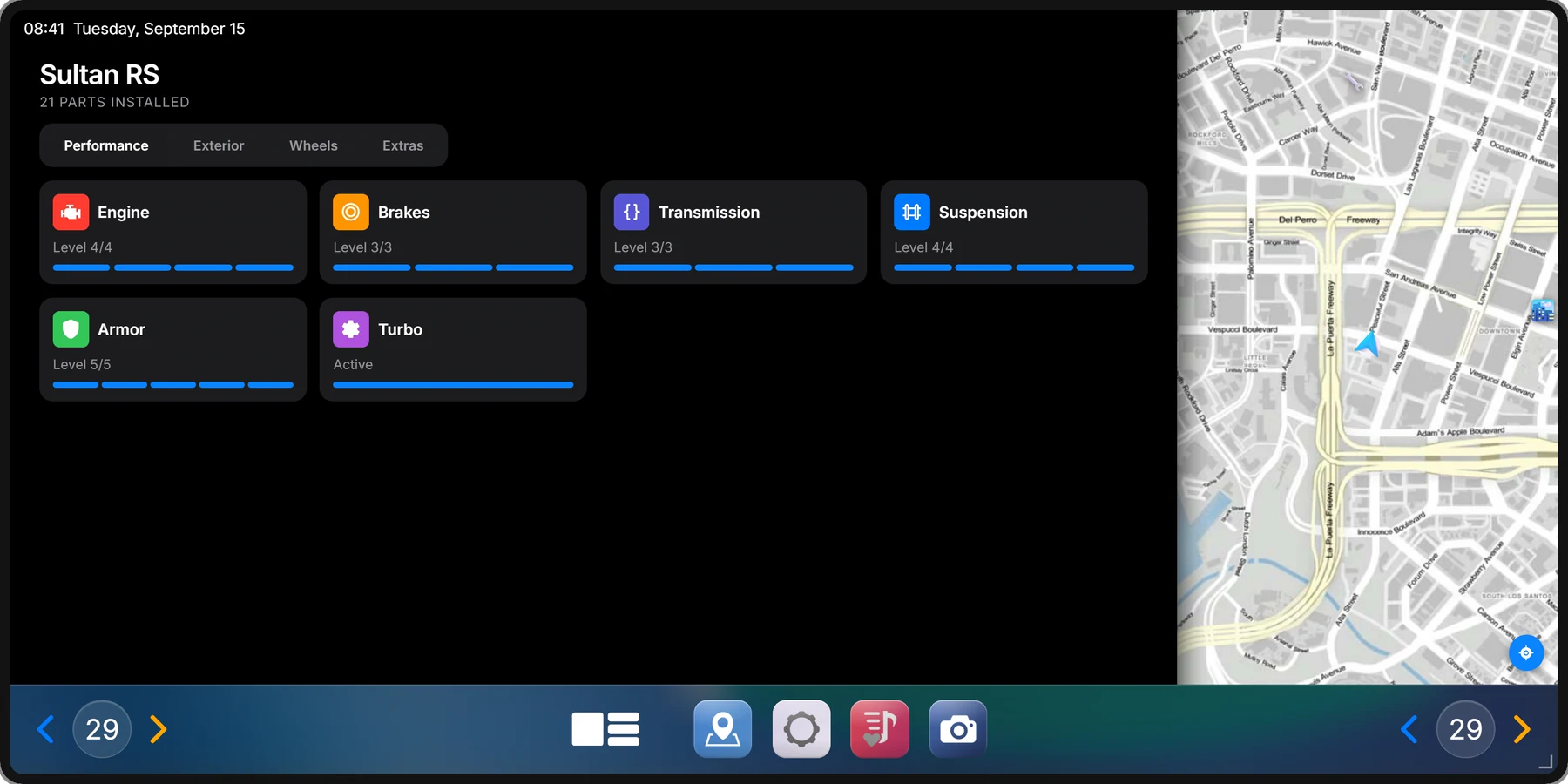 The Tuning app: installed performance parts with their levels