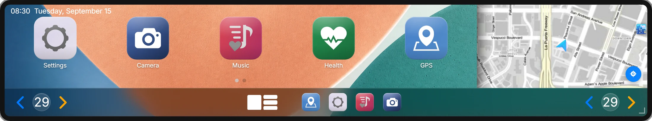 The screen as a slim Driver strip, apps and the map in one row