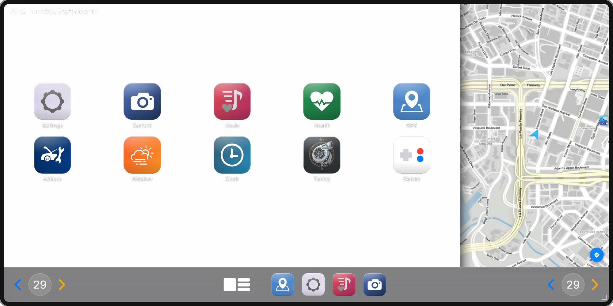 The RoadCarRadio home screen: ten apps, the dock and the live map panel