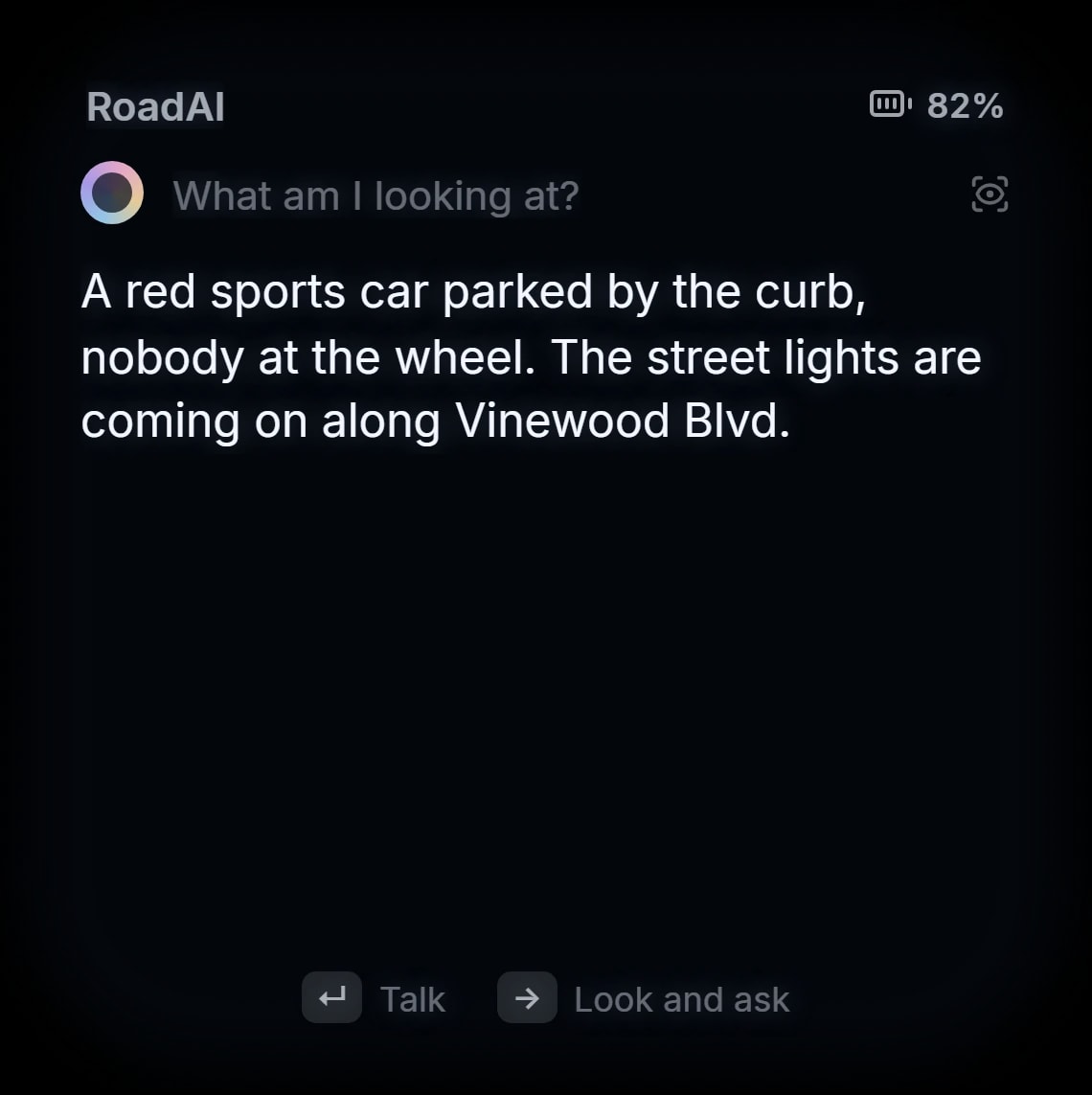 RoadAI answering “What am I looking at?” from a picture of the street