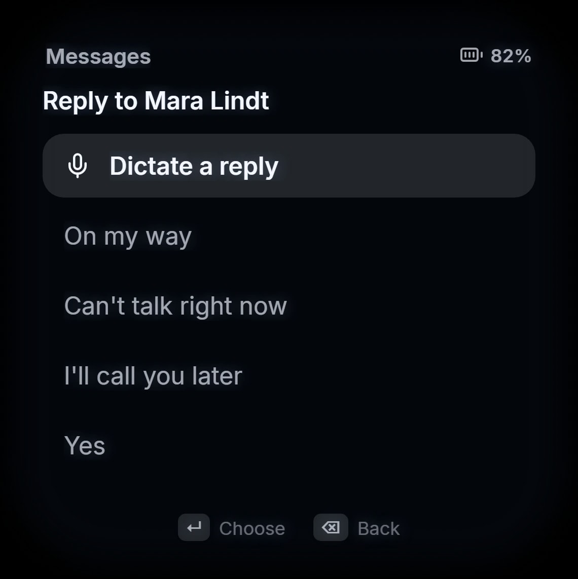 Quick replies and a dictated reply to a message on the Lens Display