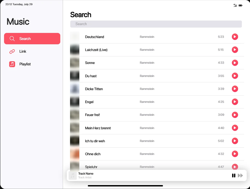 The RoadPad Music app searching songs, with Search, Link and Playlist in the sidebar and a play button on every track