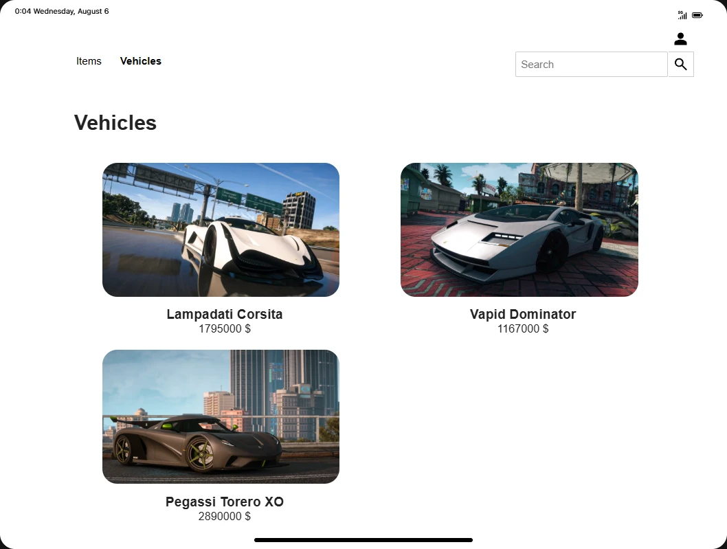 The Marketplace app on RoadPad listing three vehicles for sale, each with a photo and a price