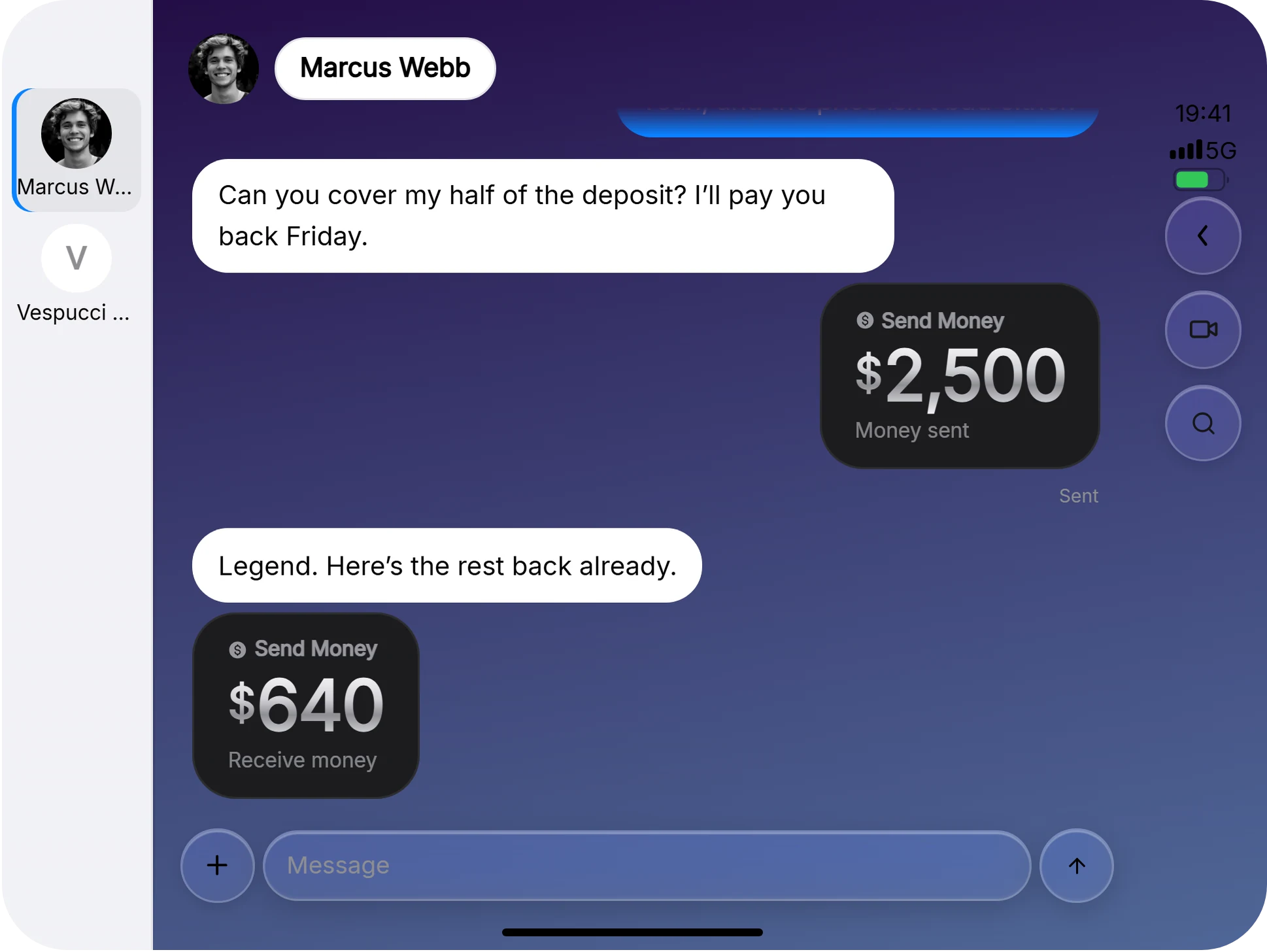 Split View on RoadPhone Fold: the conversation rail beside an open chat in Messages