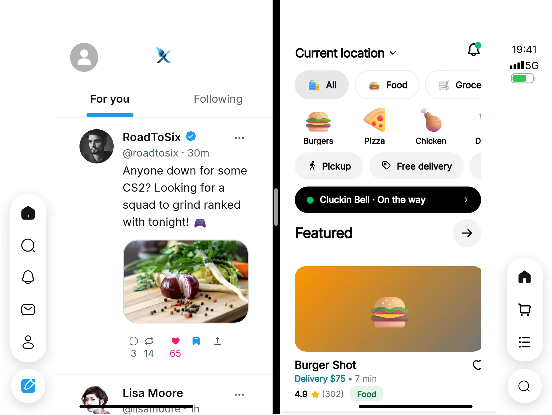 Two apps at once on RoadPhone Fold: Wave and Eats side by side