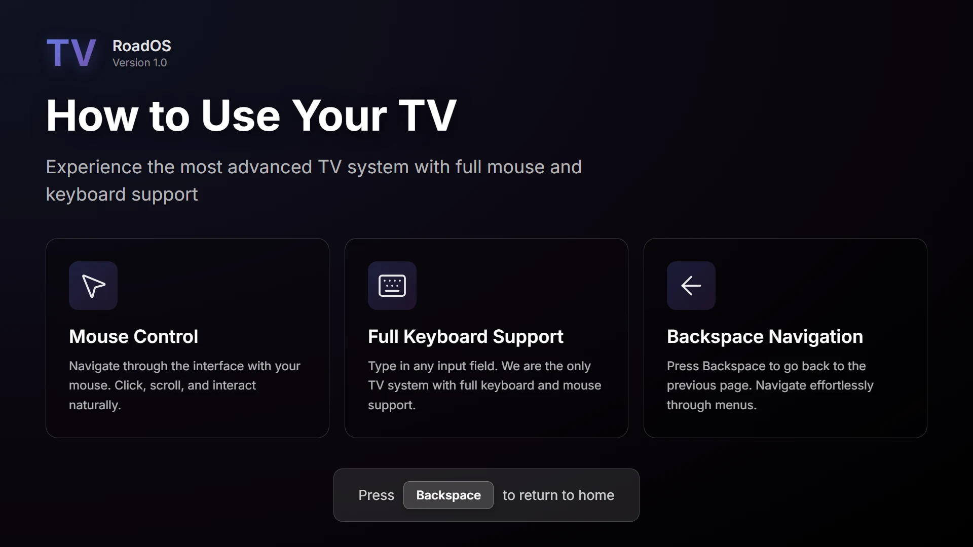 RoadTV’s info screen: mouse control, full keyboard support and Backspace navigation