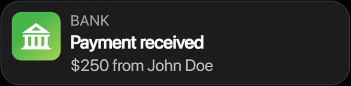A payment received notification on RoadWatch