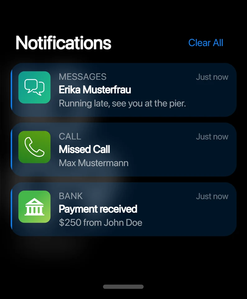 RoadWatch notification center with a message, a missed call and a payment