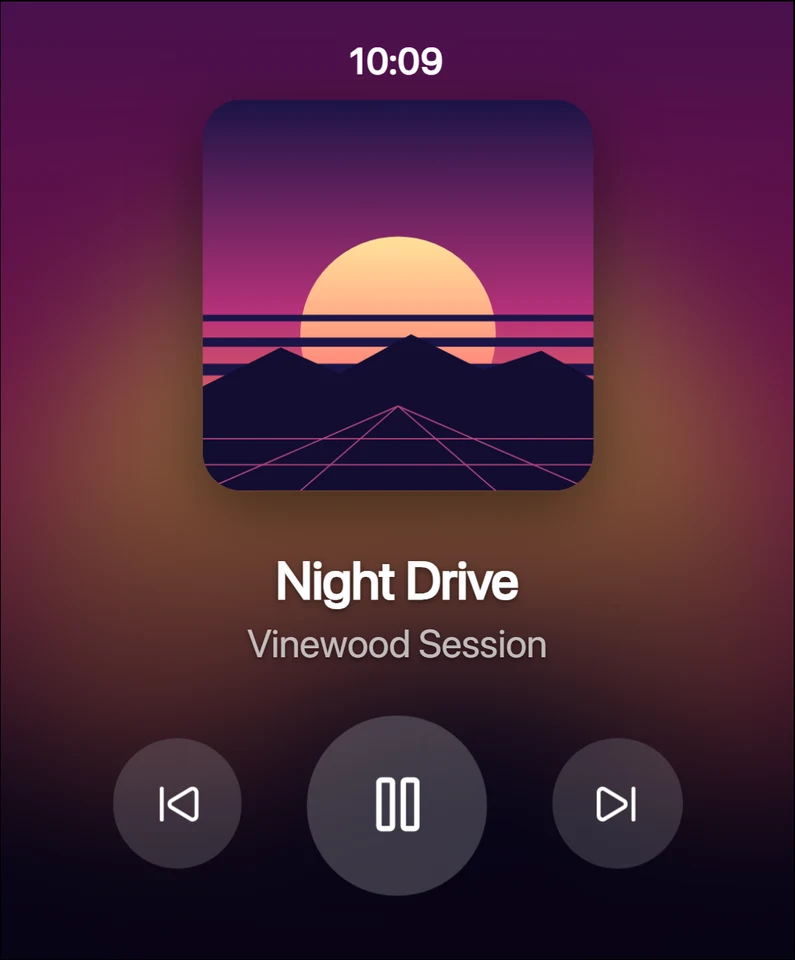 RoadWatch now playing screen with previous, pause and next controls